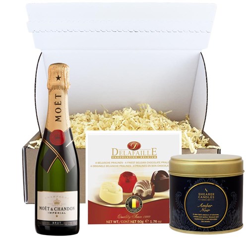 Half Bottle Of Moet and Chandon Brut Champagne 37.5cl And Candle Postal Box